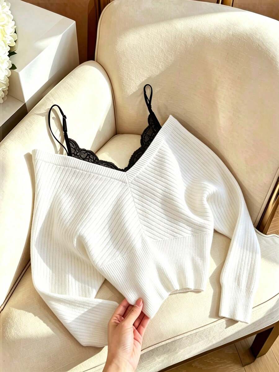 SHEIN Franclia كنزة نسائية 2 في 1 بتصميم مرقع كاجوال متعددة الاستخدامات للارتداء اليومي بأكمام طويلة