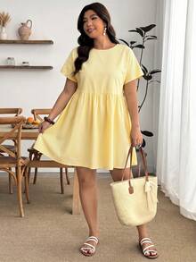 Enliva Plus Size Women's Spring/Summer Fashion Casual Loose Comfortable Refreshing Daily Versatile Slimming Yellow Short Sleeve Shirt Dress, Vacation - Yellow - View 6