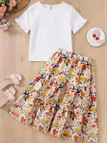SHEIN Teen Girl Simple Round Neck Ruffle Trim T-Shirt And Floral Print Midi Skirt Set, Casual Vacation - White - View 2