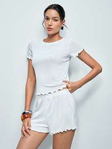 Softvol 2pcs Women European & American Style Jacquard Ruffle Trim Short Sleeve & Shorts Pajama Set, Casual Round Neck Loungewear For Summer - White - View 1