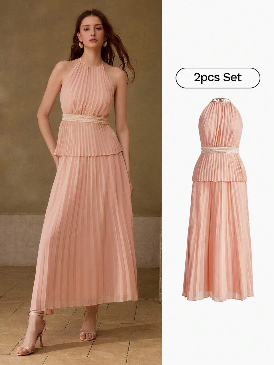 SPRING/SUMMER WOMEN'S CASUAL DATE PLEATED TOP & SKIRT PINK 2 PIECES SET