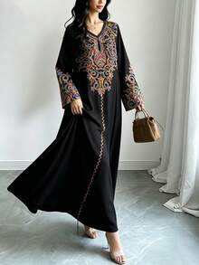 SHEIN Najma 女款彩色藤蔓圖案數位印花黑色時尚V領長袖春秋優雅阿拉伯風洋裝 - 彩色 - 查看 4