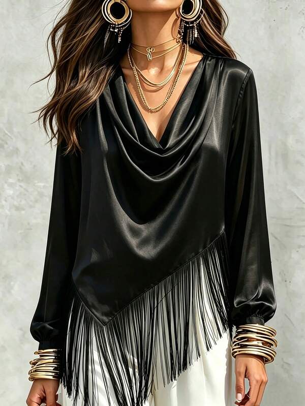 LUMIGAL Women's Asymmetric Cowl Neck Patchwork Tassel Satin Long Sleeve Blouse