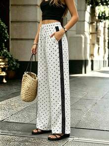 Breezaya Pantaloni lunghi casual a gamba larga da donna con pois e bordo in pizzo a contrasto - Bianco e nero - Visualizzare 4