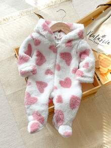 SHEIN Vintaside Kids 新生兒極簡時尚可愛波點長袖連帽長款毛絨連身衣居家服 - 彩色 - 查看 5