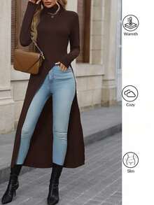Editum Women's Autumn/Winter Fashion Versatile Solid Color High Neck High-Low Hem T-Shirt Everyday Dark Brown Casual - Coffee Brown - View 2