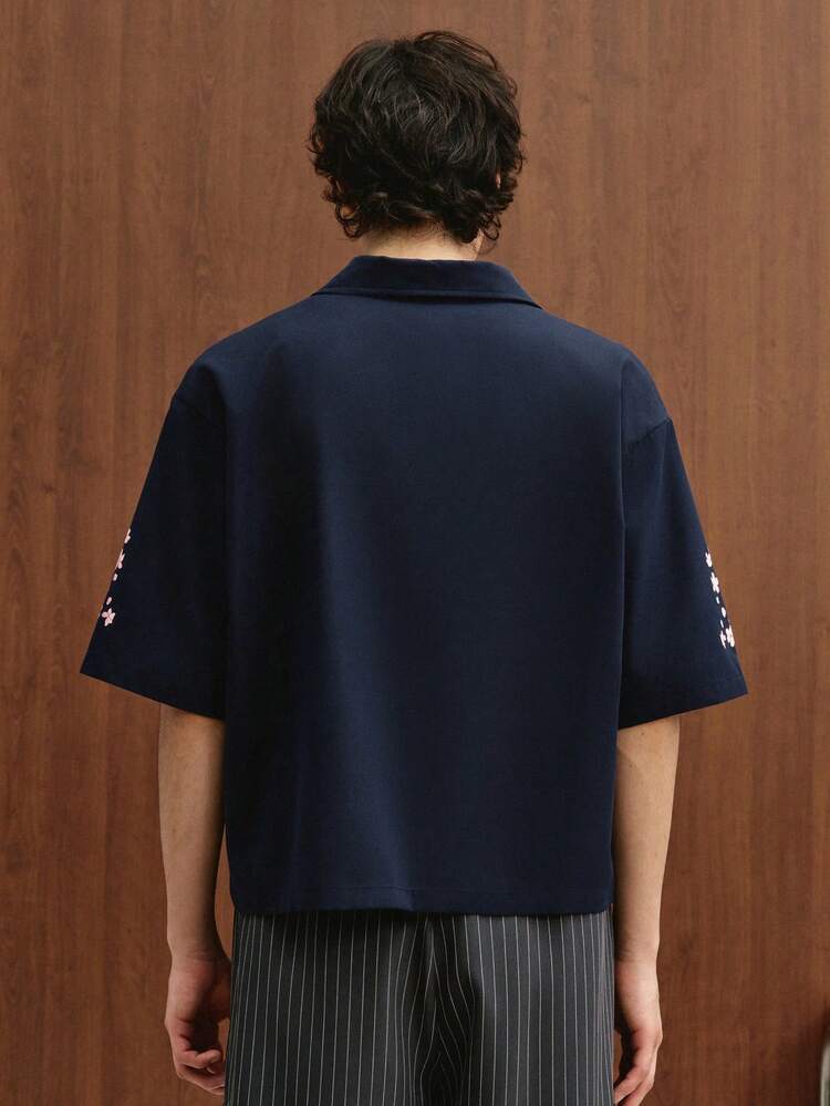 TOKVUE Men's Navy Blue Floral Japanese Chinese Style Short Sleeve