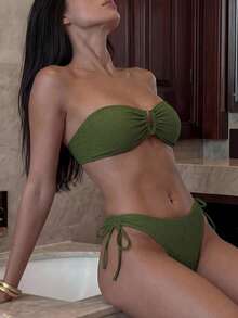 Swim Vcay Women's Summer Beach Resort Style Solid Color Textured Fabric Ruched Bust Bikini Swimwear Green - Army Green - View 4