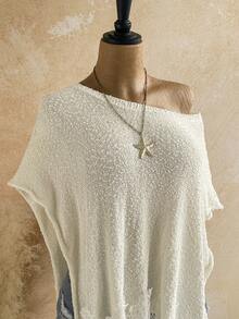 Soleia Women's Lace Patchwork Asymmetrical Shoulder Casual Versatile Daily Knit Top - Apricot - View 3