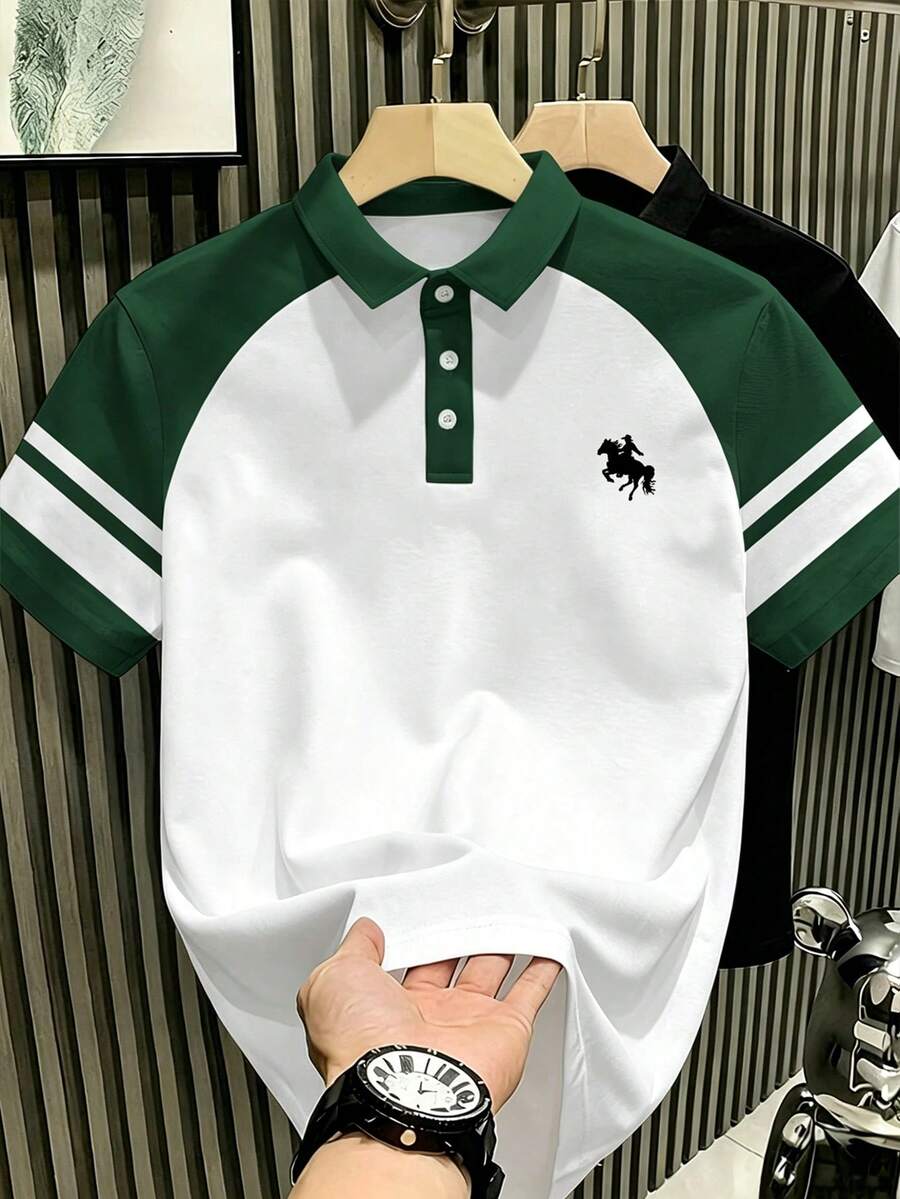 Manfinity Hypemode 男士經典條紋綠色與白色拼接馬標 Polo 衫,附領口與鈕扣,夏季必備 - 彩色 - 查看 1