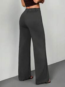 SHEIN PETITE 女款休閒極簡純色拉鍊開襟寬鬆直筒長褲，日常穿著棉混紡舒適百搭 - 深灰色 - 查看 2