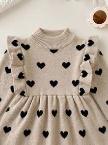 SHEIN Baby Girl Heart Jacquard Cute Ruffle Pleated Sweater Autumn Winter Dress - Khaki - View 5