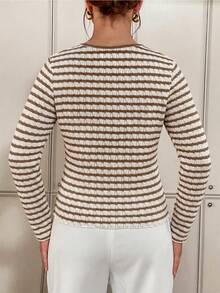 Vionelle Áo thun tay dài ôm dáng phong cách Pháp thanh lịch casual cho nữ size lớn, màu trắng, đi du lịch biển, mùa thu - Màu Khaki - Xem 2