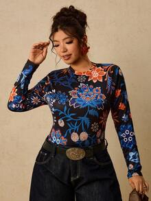 Travachic Autumn New Plus Size Women's Fitted Printed Top, Suitable For Vacation/Casual Wear In Various Relaxing Occasions Fall - Multicolor - View 6