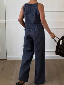 Dazy Tall Curve Summer Fashion Striped Spaghetti Strap Top And Long Pants Casual Two Pieces Set Tall Plus Size Women Spring Summer Outfit - Navy Blue - View 4