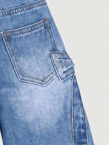 SHEIN Elladie kids 女童休閒日常復古水洗藍色牛仔寬腿牛仔褲，寬鬆舒適褲款，側邊綁帶蝴蝶結設計，適合日常穿著與度假場合 - 淺色水洗藍 - 查看 8
