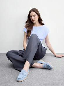 CUCCOO BIZCHIC 時尚藍色麂皮平底舒適通勤女式平底鞋樂福鞋，適合戶外度假購物上班日常穿著，百搭女鞋 - 藍色 - 查看 6