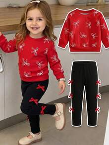 SHEIN 2件組女嬰套裝，紅色滿版白色蝴蝶結圖案運動衫，搭配黑色3D紅色蝴蝶結長褲，柔軟面料，寬鬆版型，舒適適合日常穿著、節日聚會與拍照，甜美風格適用於嬰兒與女嬰 - 紅色 - 查看 5