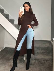Editum Women's Autumn/Winter Fashion Versatile Solid Color High Neck High-Low Hem T-Shirt Everyday Dark Brown Casual - Coffee Brown - View 7