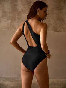 MOTF PREMIUM ELEGANT FASHIONABLE ASYMMETRICAL DETACHABLE BROOCH DECOR ONE-SHOULDER BACKLESS CASUAL VACATION BEACH PARTY WOMEN'S ONE-PIECE SWIMSUIT - Black - View 2