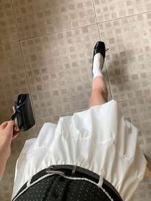 DAZY 女款純色百褶休閒百搭日常穿搭蛋糕迷你裙 - 白色 - 查看 8