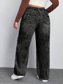 SHEIN ICON Jeans de pierna recta de novio con efecto desgastado para talla grande - Gris Oscuro - Ver 2
