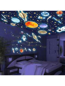 1 Set Glow-In-The-Dark Star, Planet, Mars And Space Wall Stickers Decor: Luminous Satellite, Earth, UFO, Solar System, Astronaut And Rocket Stickers, Suitable For Kids Room, Bedroom, Ceiling, Wall And Window - Self-Adhesive Removable DIY Decals - Multicolor - View 5