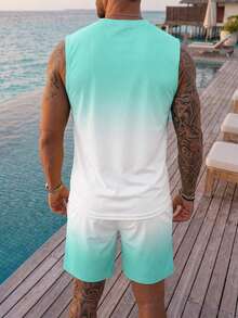 VIVINTIMO Men's Casual 2-Piece Set Tank Top With Gradient Color Letter Pattern And Drawstring Shorts, Suitable For Vacation, Party, Beach, Sports, Daily Wear, Gathering, Outdoor Activities, Commuting, Street Style - Mint Green - View 2