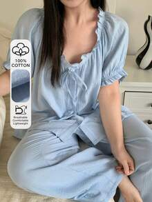 Dazy Plus Sweet Fresh Light Blue All Cotton Gathered Ruffle Design Loose Plus Size Women Spring Summer Loungewear Blue Pajama Set - Baby Blue - View 1