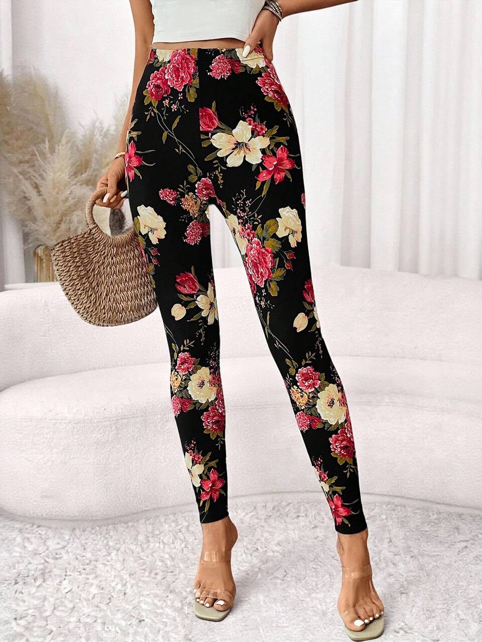 Floral Print High Waist Leggings Women's Winter Clothing