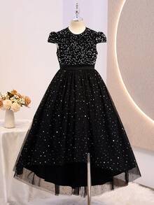 SHEIN Gaun Panjang Model A-Line Lengan Puff Jala Kontras Hitam untuk Remaja Perempuan, Pakaian Elegan untuk Kembali ke Sekolah - Hitam - View 7