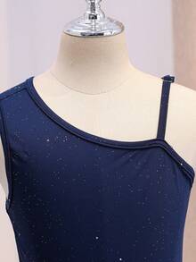 Tween Girls Elegant Back To School Casual Solid Color Asymmetrical Neck One-Shoulder Slim Fit Top - Navy Blue - View 10