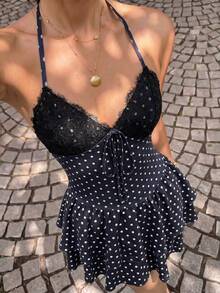 Sunnyshic Women's Black Polka Dot Print Mini Dress, Summer Lace Patchwork V-Neck Halter Tie Back Open Back Cinched Waist Double Layer Ruffle Hem, Elegant Vintage Sweet Romantic Versatile For Vacation Beach Shopping Date - Navy Blue - View 5