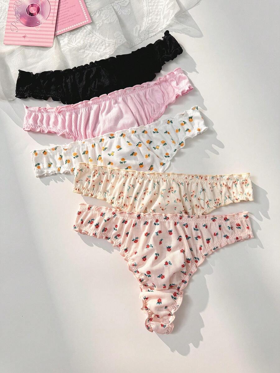 PetitDoll 女款可愛荷葉邊舒適無痕內褲(5件組) - 彩色 - 查看 1