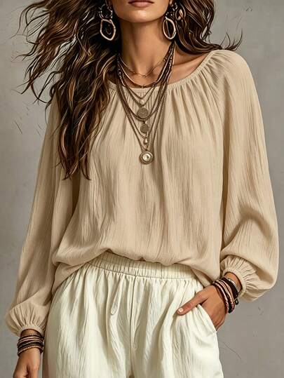 SHEIN 2026 Women's Vintage Slouchy Pleated Texture Loose Off-Shoulder Slimming Blouse, Solid Color Puff Sleeve Top For Travel, Commute, Date, Summer Outing, Casual Daily Wear