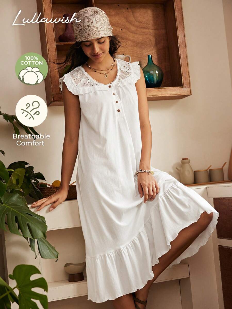 Lullawish Bohemian Comfortable Lace Patchwork Ruffle Hem Cotton Blend Loose Fit Women's Nightgown - White - View 1