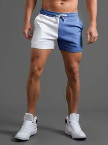 Manfinity Homme Loose Men Blue And White Drawstring Waist Shorts Gym Summer Baggy Casual - Blue - View 3