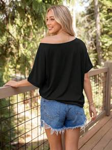 Coeurva Women Black T-Shirt Asymmetric Neck Relaxed Fit Solid Color Back To School Campus Charming Attractive Spring Dinner Fitted Downtown Casual - Black - View 2