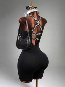 Mistrie Letter Print Strap Cross Back Sleeveless Slim-Fit Athletic Romper Sports - Black - View 3