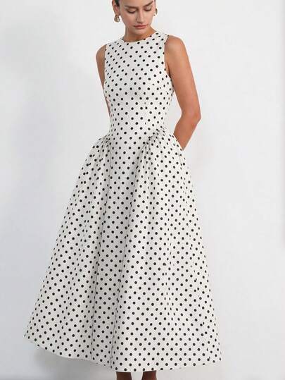 Aveloria Modichic Autumn Black & White Contrast Polka Dot Dress, Round Neck Waist-Cinching Sleeveless Princess Dress With Ruched Hem And Large A-Line Skirt, Minimalist Commuter Elegant Style, Suitable For Workplace, Evening Party, Daily Wear, Dating And Shopping, Waist-Cinching Puff Skirt Feature, Vintage Sleeveless Round Neck Slimming Fit Long Dress For Women