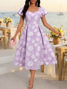 SHEIN Lady Women's Purple Jacquard Short Sleeve V Neck A-Line Swing Fit Flare Elegant Midi Dress Belted Party Cocktail Formal Wedding Guest Church Going Out Fall - Purple - View 7