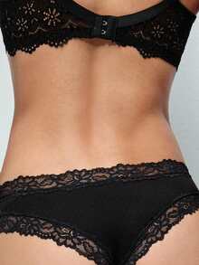 Softvol 1‑Pack Women Ribbed Lace Trim Low‑Rise Brazilian Panties, Romantic Halloween Underwear - Black - View 2