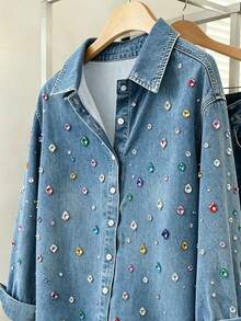 Resyla 熱銷新款甜酷風重工刺繡彩虹水鑽翻領寬鬆長袖女款襯衫，可單穿或作為秋季外套疊穿，適合日常出遊與購物 - 彩色 - 查看 3