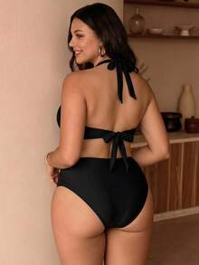 Oceva Plus Size Solid Color Cutout Halter Tie Sexy Bikini Two Pieces Swimsuit Set Beach Vacation Black Summer - Black - View 2