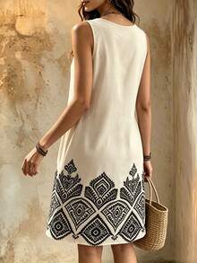Selamara Women's Summer Round Neck Bohemian Print Dress - Apricot - View 2