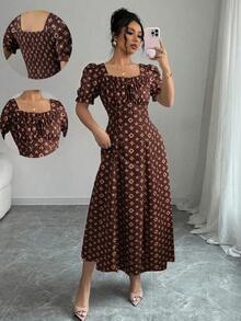 Rafferiza Women's Elegant Floral Print Square Neck Dress, Ruffle Trim, Ruffle Sleeves, Suitable For Spring, Summer, Autumn Short Dress - Multicolor - View 3