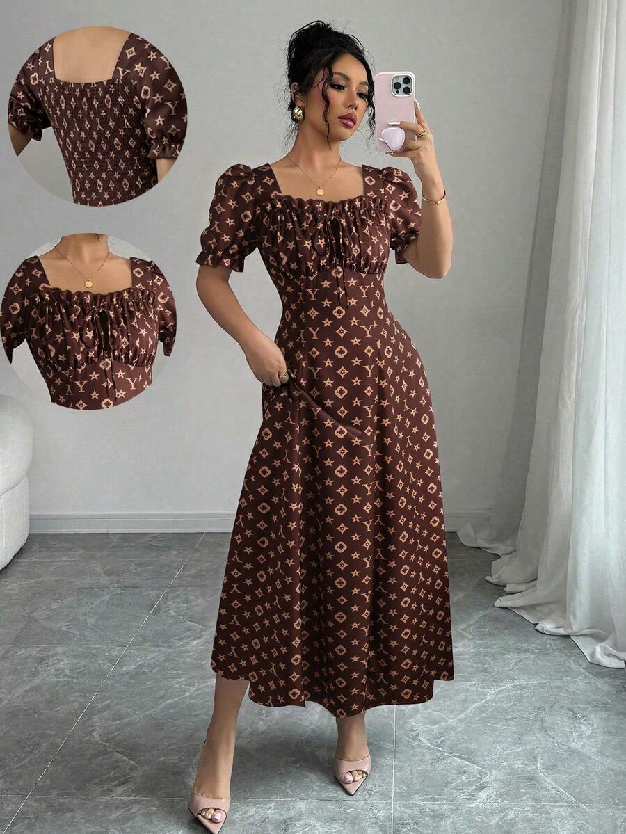 Rafferiza Women's Elegant Floral Print Square Neck Dress, Ruffle Trim, Ruffle Sleeves, Suitable For Spring, Summer, Autumn Short Dress - Multicolor - View 1