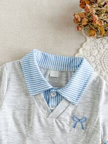 Souflis Souflis 1pc Toddler Kid Girl Preppy Striped Patchwork Polo Collar Bow Short Sleeve Pleated Soft A-Line Dress For School Daily Party Summer Casual Outfit - Baby Blue - View 5