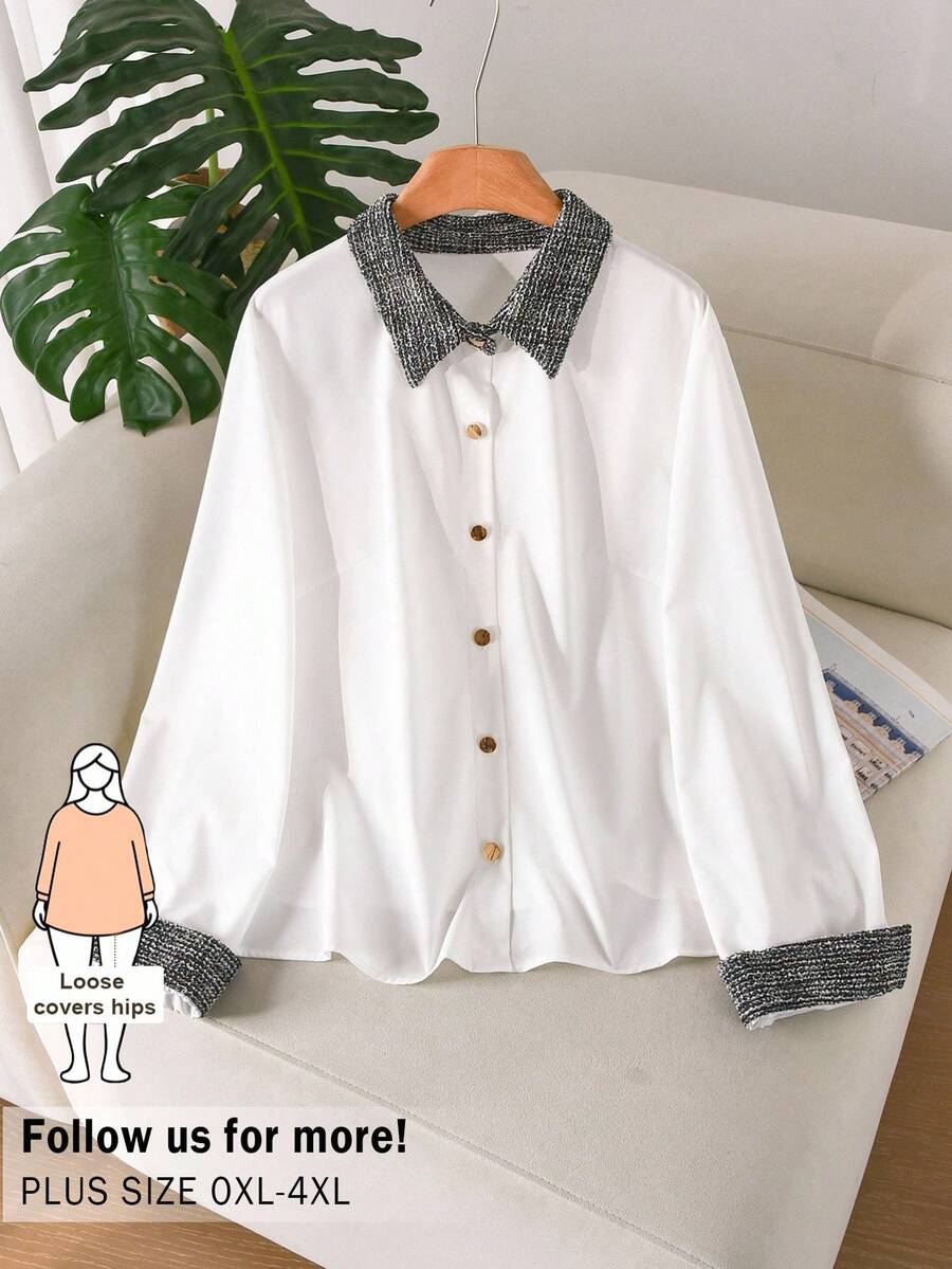 CosyJoli Plus Size Women's Elegant Commuter Button Shirt, Casual Clothing, White Long Sleeve, Spring/Autumn Wear, Summer Top Office Formal - Beige - View 1