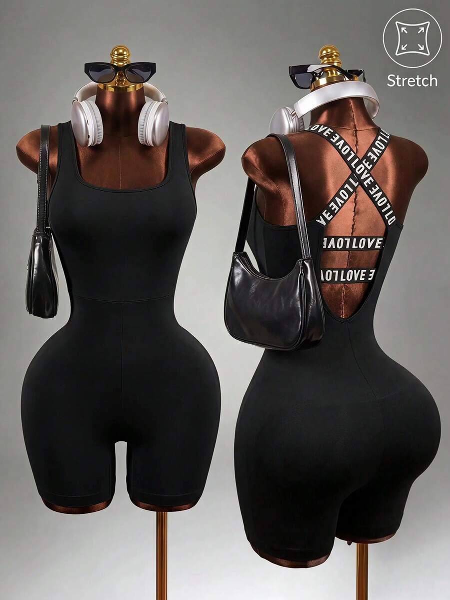 Mistrie Letter Print Strap Cross Back Sleeveless Slim-Fit Athletic Romper Sports - Black - View 1